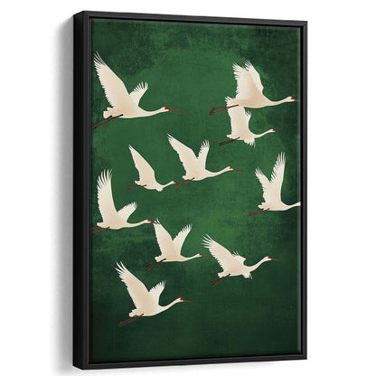 Flying Cranes Japandi Style Print Green White Bird Wall Art, Vintage Japanese Style Artwork, Framed Canvas Print, Floating Frame