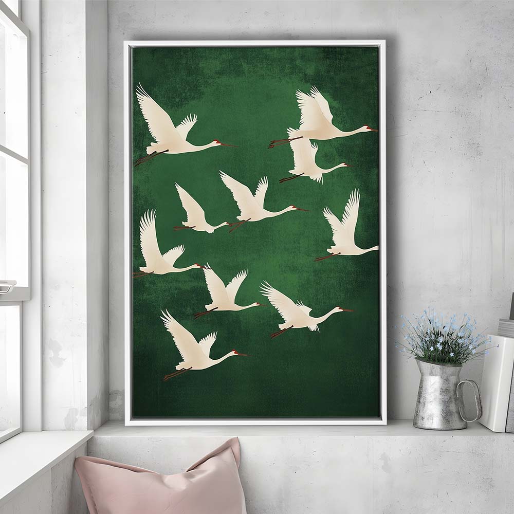 Flying Cranes Japandi Style Print Green White Bird Wall Art, Vintage Japanese Style Artwork, Framed Canvas Print, Floating Frame