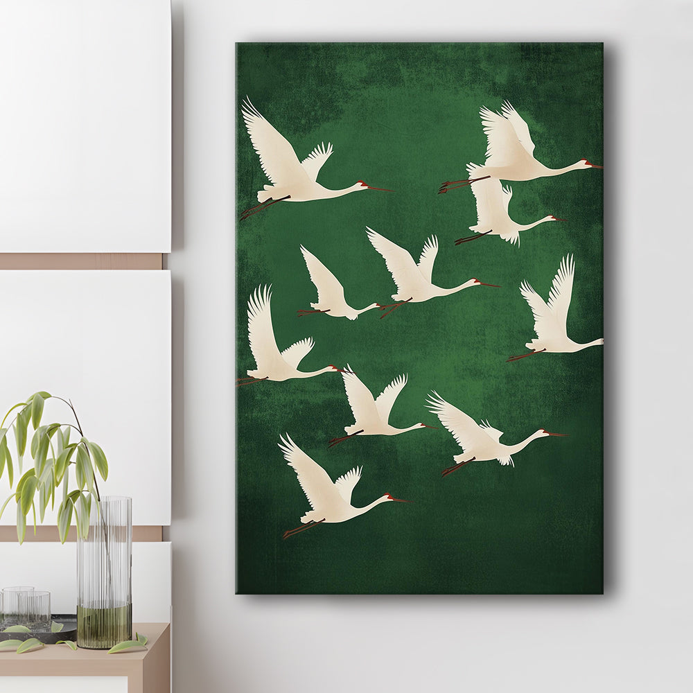 Flying Cranes Japandi Style Print Green White Bird Wall Art, Vintage Japanese Style Artwork, Canvas Print, Canvas Decor