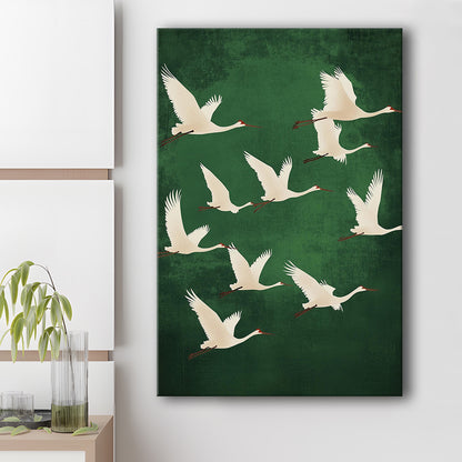 Flying Cranes Japandi Style Print Green White Bird Wall Art, Vintage Japanese Style Artwork, Canvas Print, Canvas Decor
