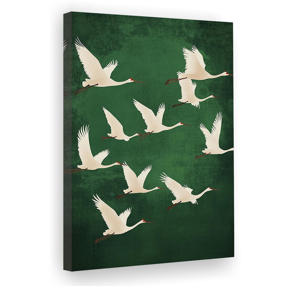 Flying Cranes Japandi Style Print Green White Bird Wall Art, Vintage Japanese Style Artwork, Canvas Print, Canvas Decor