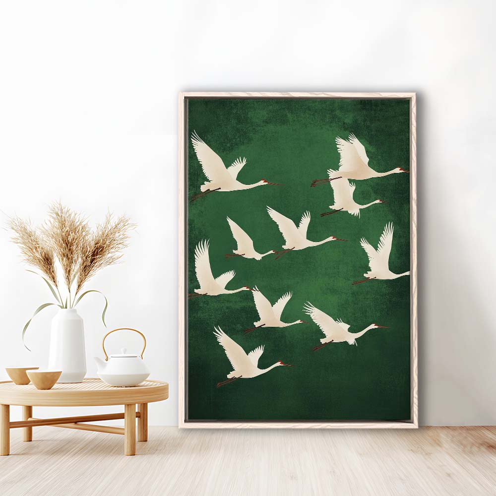 Flying Cranes Japandi Style Print Green White Bird Wall Art, Vintage Japanese Style Artwork, Framed Canvas Print, Floating Frame