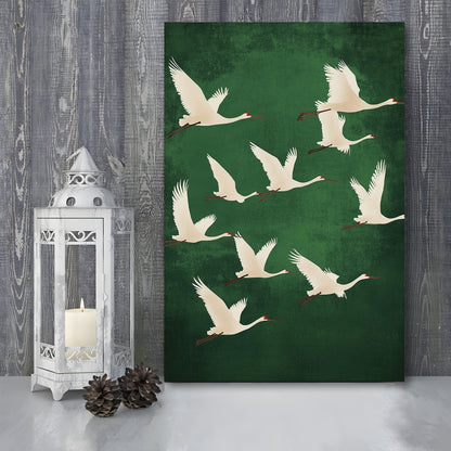 Flying Cranes Japandi Style Print Green White Bird Wall Art, Vintage Japanese Style Artwork, Canvas Print, Canvas Decor