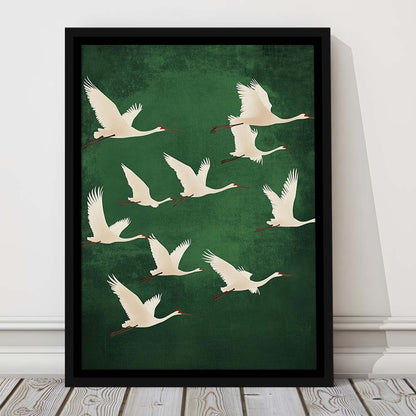 Flying Cranes Japandi Style Print Green White Bird Wall Art, Vintage Japanese Style Artwork, Framed Canvas Print, Floating Frame