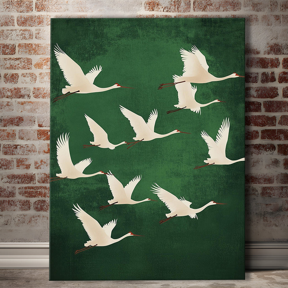 Flying Cranes Japandi Style Print Green White Bird Wall Art, Vintage Japanese Style Artwork, Canvas Print, Canvas Decor