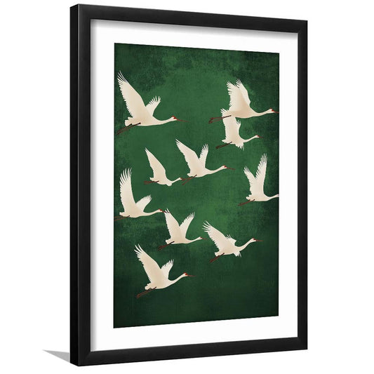 Flying Cranes Japandi Style Print Green White Bird Wall Art, Vintage Japanese Style Artwork, Framed Art Print, White Border