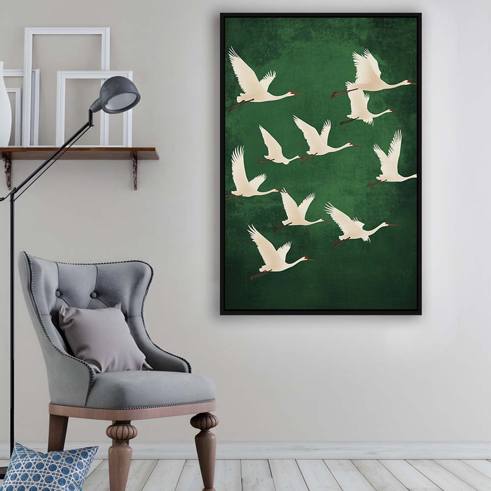 Flying Cranes Japandi Style Print Green White Bird Wall Art, Vintage Japanese Style Artwork, Framed Canvas Print, Floating Frame