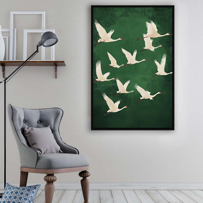 Flying Cranes Japandi Style Print Green White Bird Wall Art, Vintage Japanese Style Artwork, Framed Canvas Print, Floating Frame