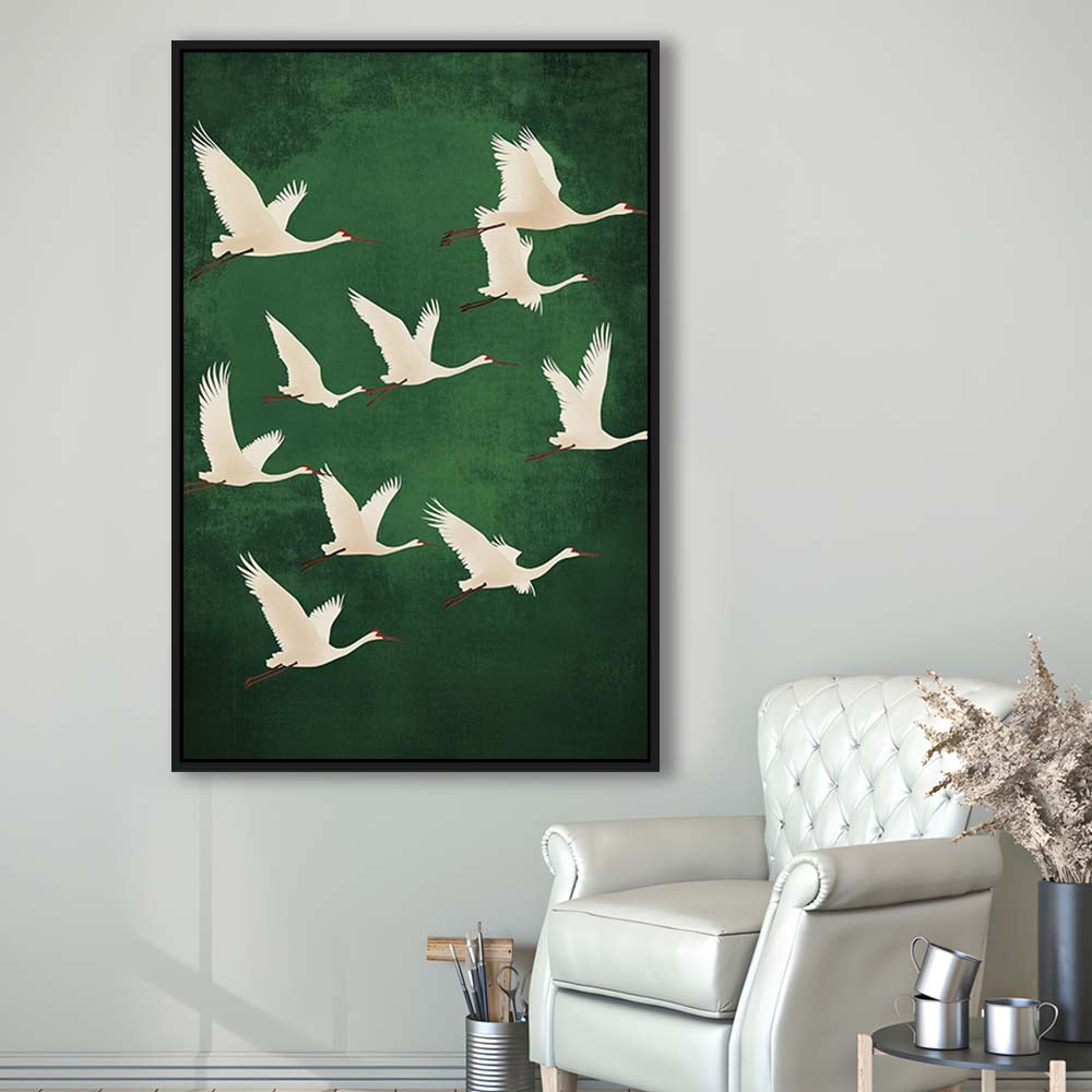 Flying Cranes Japandi Style Print Green White Bird Wall Art, Vintage Japanese Style Artwork, Framed Canvas Print, Floating Frame