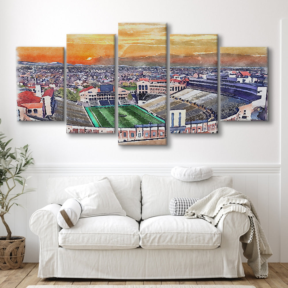 Folsom Field WaterColor, Boulder Colorado Watercolor, Sport Art, Mixed 5 Panel, Canvas Print Wall Art