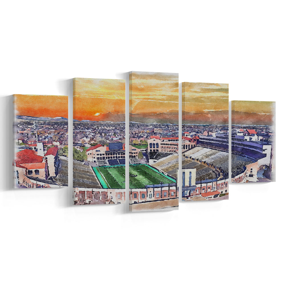 Folsom Field WaterColor, Boulder Colorado Watercolor, Sport Art, Mixed 5 Panel, Canvas Print Wall Art
