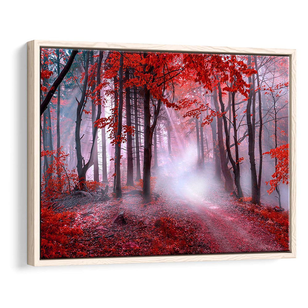 Forest Tree Print Autumn Forest Canvas Red Leaves Foggy Forest, Nature Extra Large, Framed Canvas Print Wall Art, Floating Frame