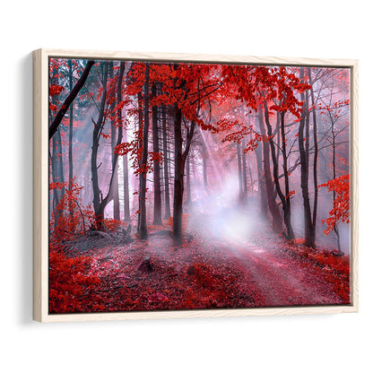 Forest Tree Print Autumn Forest Canvas Red Leaves Foggy Forest, Nature Extra Large, Framed Canvas Print Wall Art, Floating Frame