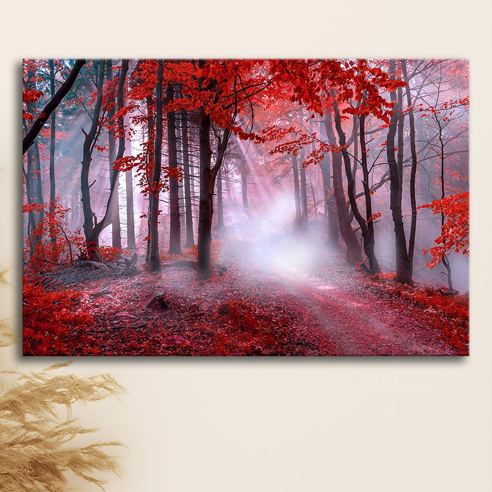 Forest Tree Print Autumn Forest Canvas Red Leaves Foggy Forest, Nature Extra Large, Canvas Print Wall Art, Wall Decor, Painting Canvas
