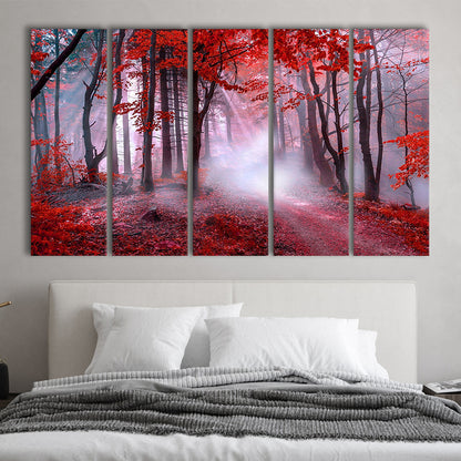 Forest Tree print Autumn forest canvas Red leaves Foggy forest, 5 Panel B Canvas Print Wall Art, Extra Large Canvas