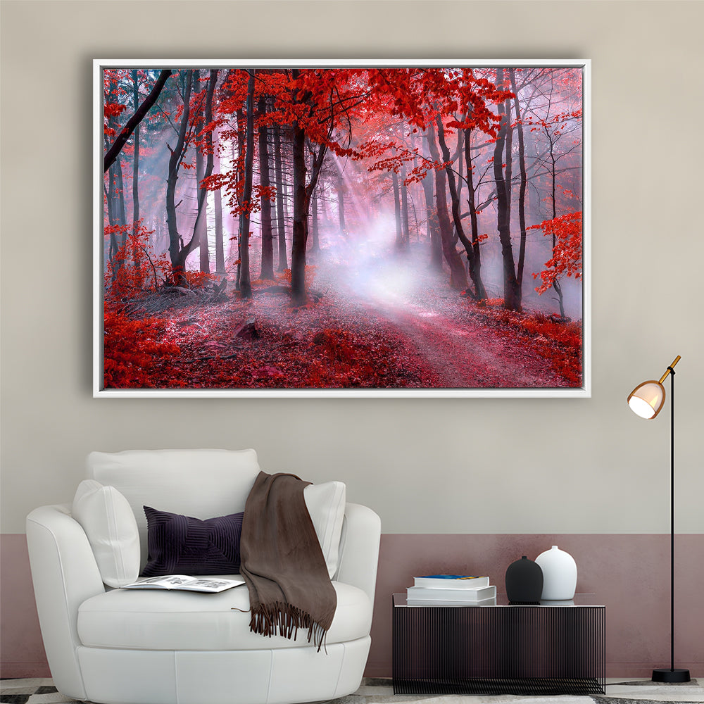Forest Tree Print Autumn Forest Canvas Red Leaves Foggy Forest, Nature Extra Large, Framed Canvas Print Wall Art, Floating Frame