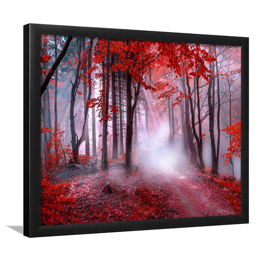 Forest Tree print Autumn forest canvas Red leaves Foggy forest, Nature Art, Framed Art Print Wall Decor, Picture Framed