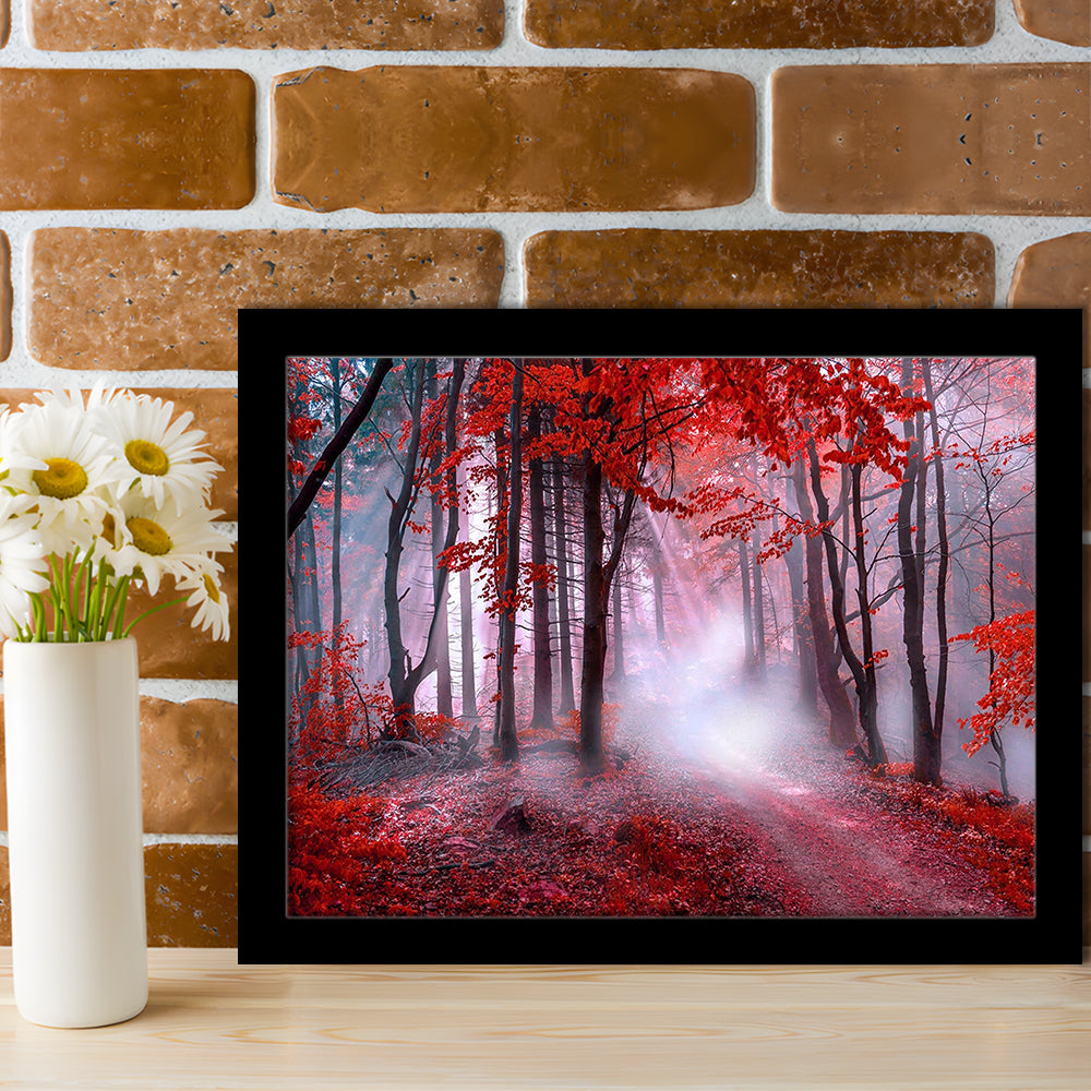 Forest Tree print Autumn forest canvas Red leaves Foggy forest, Nature Art, Framed Art Print Wall Decor, Picture Framed