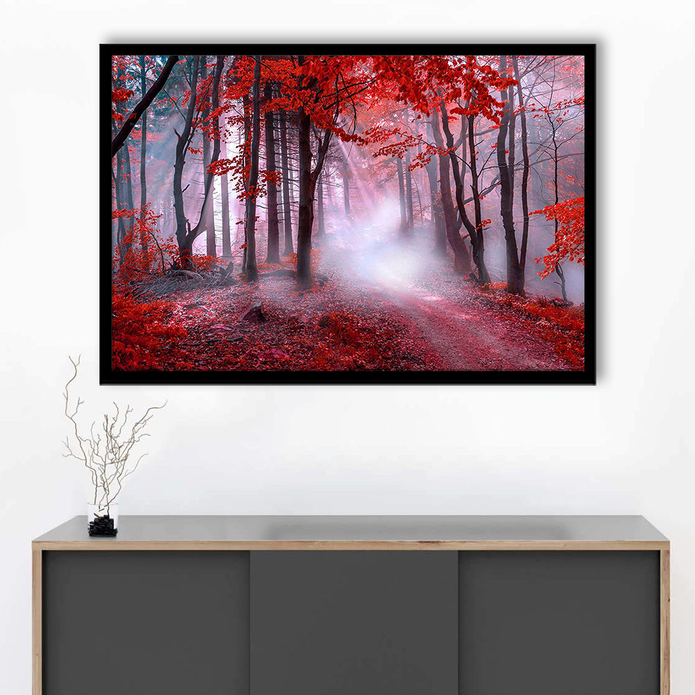 Forest Tree print Autumn forest canvas Red leaves Foggy forest, Nature Art, Framed Art Print Wall Decor, Picture Framed