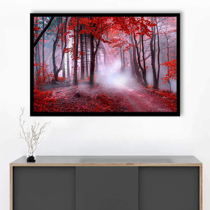 Forest Tree print Autumn forest canvas Red leaves Foggy forest, Nature Art, Framed Art Print Wall Decor, Picture Framed