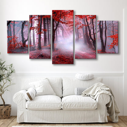 Forest Tree print Autumn forest canvas Red leaves Foggy forest, Nature, 5 Panel Mixed Canvas Print Wall Art, Large Canvas