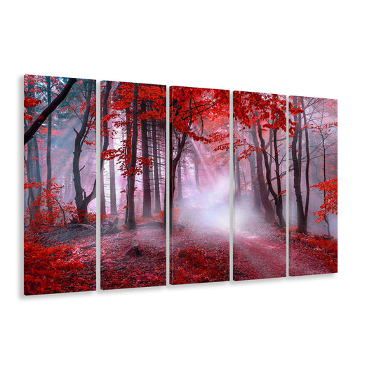Forest Tree print Autumn forest canvas Red leaves Foggy forest, 5 Panel B Canvas Print Wall Art, Extra Large Canvas