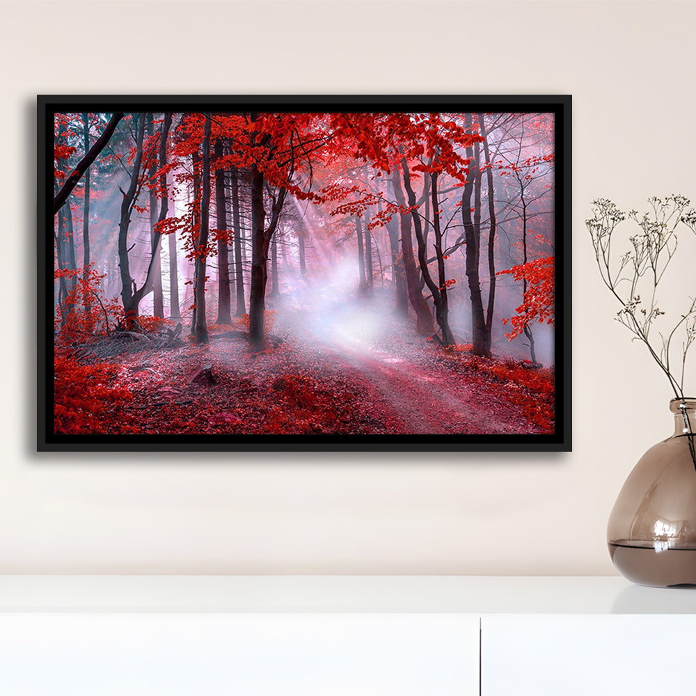 Forest Tree Print Autumn Forest Canvas Red Leaves Foggy Forest, Nature Extra Large, Framed Canvas Print Wall Art, Floating Frame