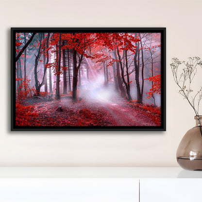 Forest Tree Print Autumn Forest Canvas Red Leaves Foggy Forest, Nature Extra Large, Framed Canvas Print Wall Art, Floating Frame