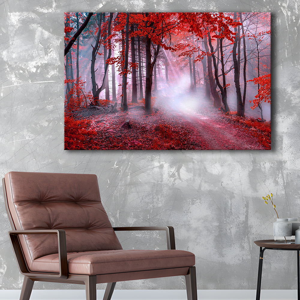 Forest Tree Print Autumn Forest Canvas Red Leaves Foggy Forest, Nature Extra Large, Canvas Print Wall Art, Wall Decor, Painting Canvas