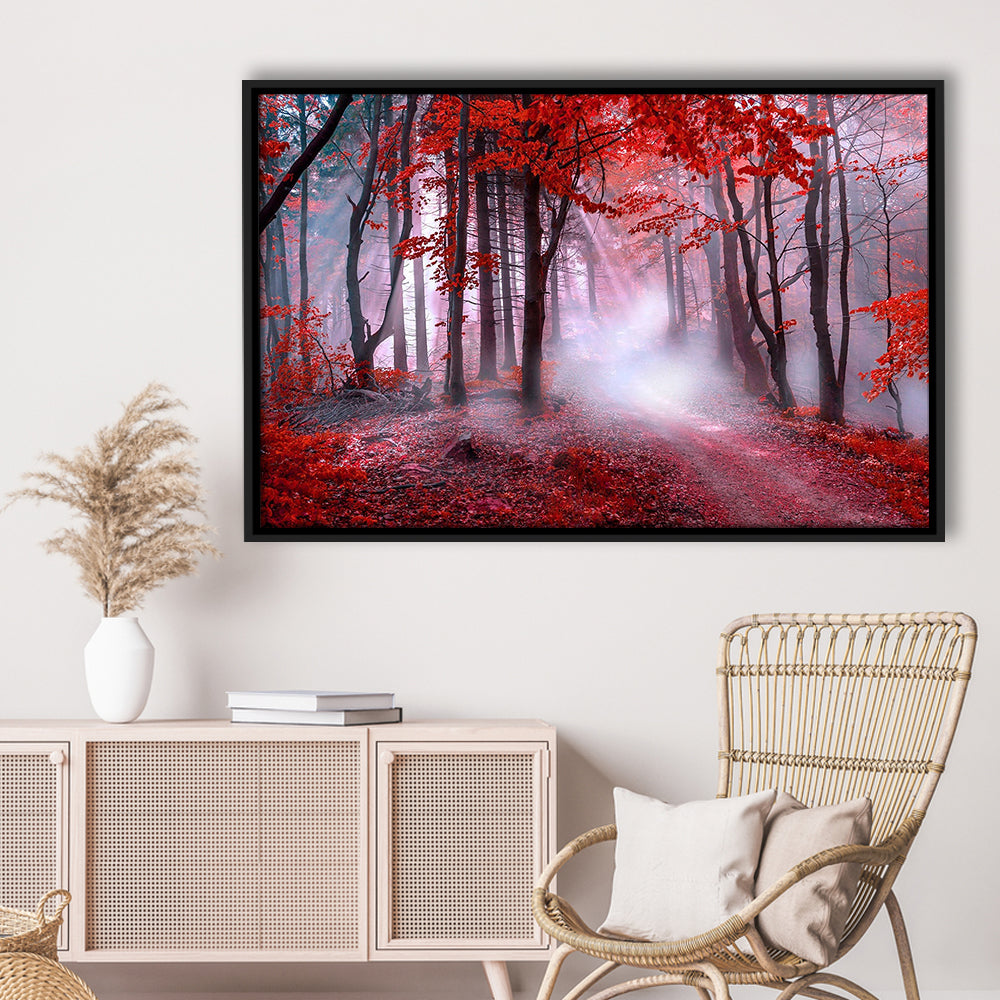 Forest Tree Print Autumn Forest Canvas Red Leaves Foggy Forest, Nature Extra Large, Framed Canvas Print Wall Art, Floating Frame