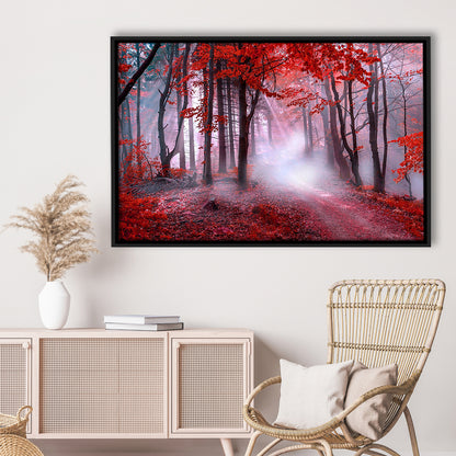Forest Tree Print Autumn Forest Canvas Red Leaves Foggy Forest, Nature Extra Large, Framed Canvas Print Wall Art, Floating Frame