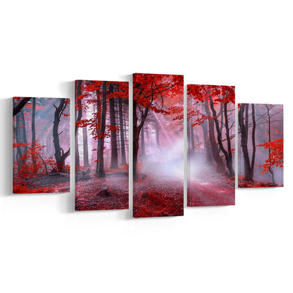 Forest Tree print Autumn forest canvas Red leaves Foggy forest, Nature, 5 Panel Mixed Canvas Print Wall Art, Large Canvas