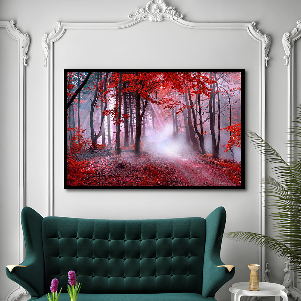 Forest Tree print Autumn forest canvas Red leaves Foggy forest, Nature Art, Framed Art Print Wall Decor, Picture Framed