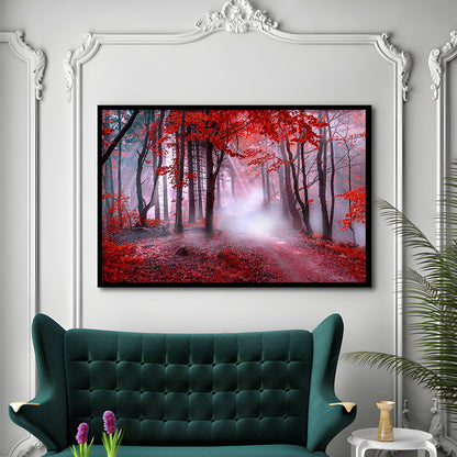 Forest Tree print Autumn forest canvas Red leaves Foggy forest, Nature Art, Framed Art Print Wall Decor, Picture Framed