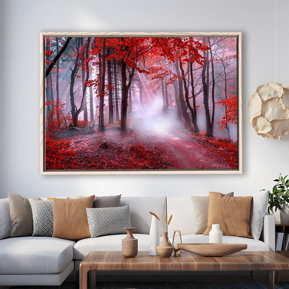 Forest Tree Print Autumn Forest Canvas Red Leaves Foggy Forest, Nature Extra Large, Framed Canvas Print Wall Art, Floating Frame