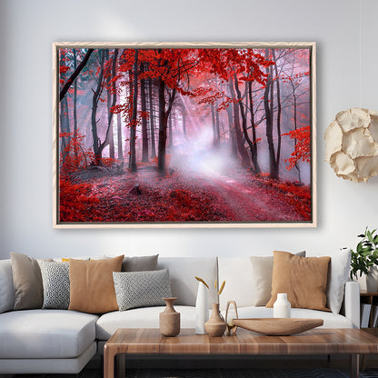 Forest Tree Print Autumn Forest Canvas Red Leaves Foggy Forest, Nature Extra Large, Framed Canvas Print Wall Art, Floating Frame