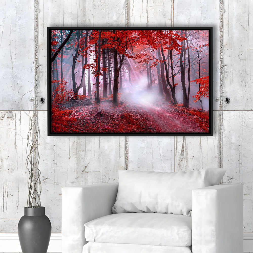 Forest Tree Print Autumn Forest Canvas Red Leaves Foggy Forest, Nature Extra Large, Framed Canvas Print Wall Art, Floating Frame