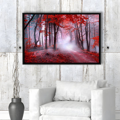 Forest Tree Print Autumn Forest Canvas Red Leaves Foggy Forest, Nature Extra Large, Framed Canvas Print Wall Art, Floating Frame