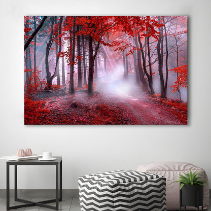 Forest Tree Print Autumn Forest Canvas Red Leaves Foggy Forest, Nature Extra Large, Canvas Print Wall Art, Wall Decor, Painting Canvas