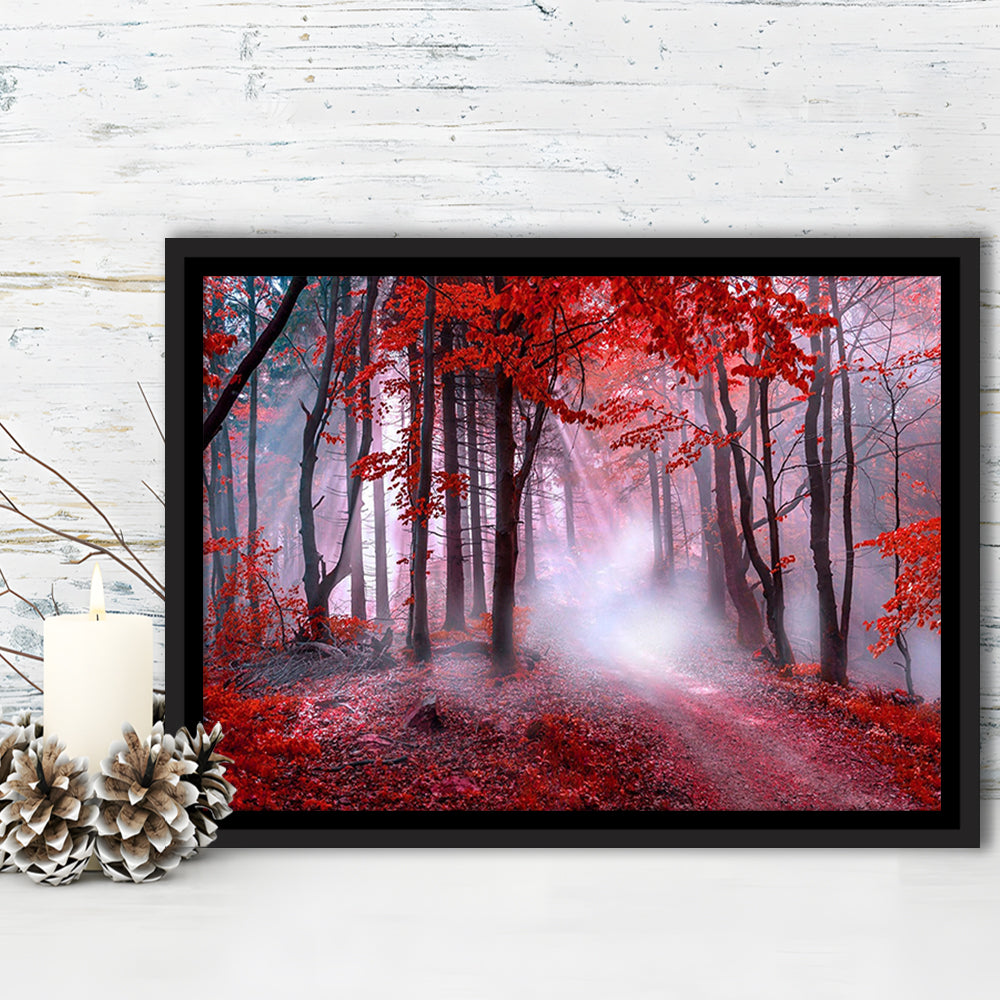 Forest Tree Print Autumn Forest Canvas Red Leaves Foggy Forest, Nature Extra Large, Framed Canvas Print Wall Art, Floating Frame
