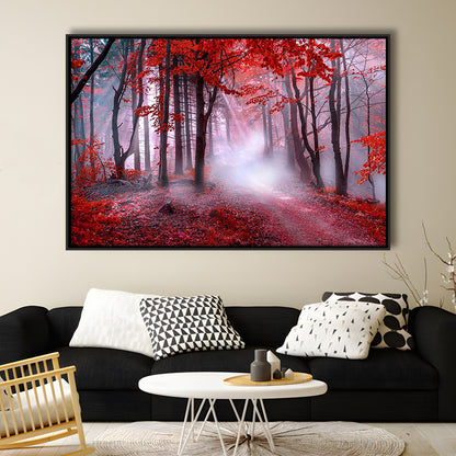 Forest Tree Print Autumn Forest Canvas Red Leaves Foggy Forest, Nature Extra Large, Framed Canvas Print Wall Art, Floating Frame