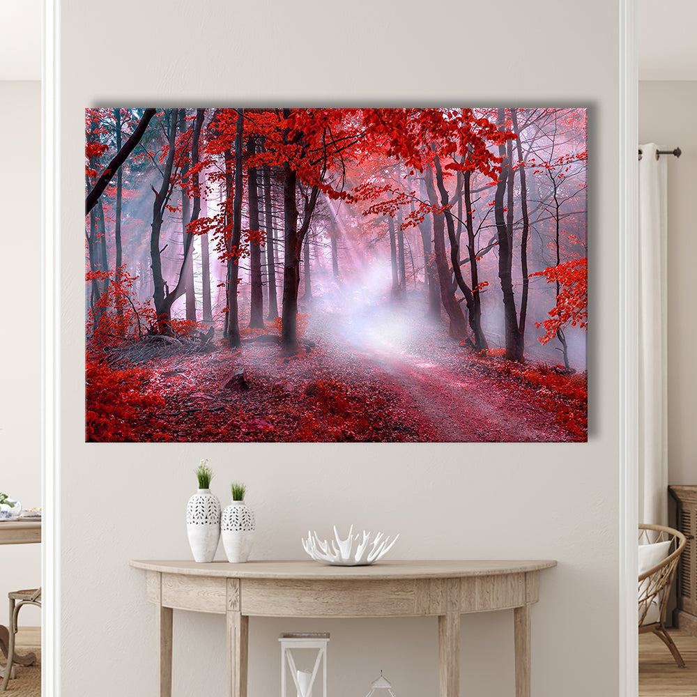 Forest Tree Print Autumn Forest Canvas Red Leaves Foggy Forest, Nature Extra Large, Canvas Print Wall Art, Wall Decor, Painting Canvas