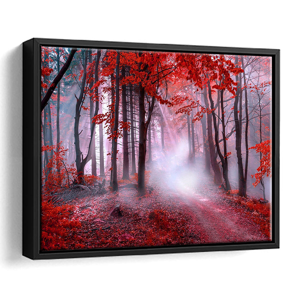 Forest Tree Print Autumn Forest Canvas Red Leaves Foggy Forest, Nature Extra Large, Framed Canvas Print Wall Art, Floating Frame