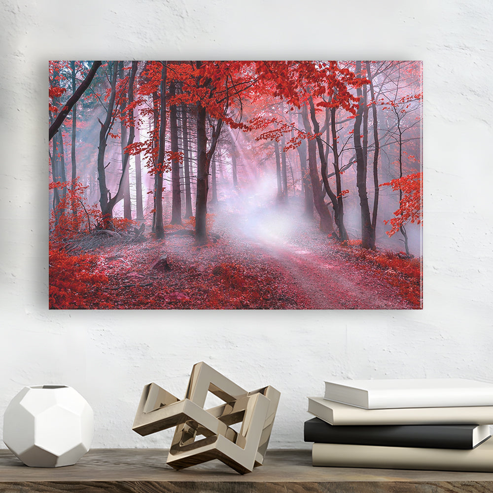 Forest Tree Print Autumn Forest Canvas Red Leaves Foggy Forest, Nature Extra Large, Canvas Print Wall Art, Wall Decor, Painting Canvas