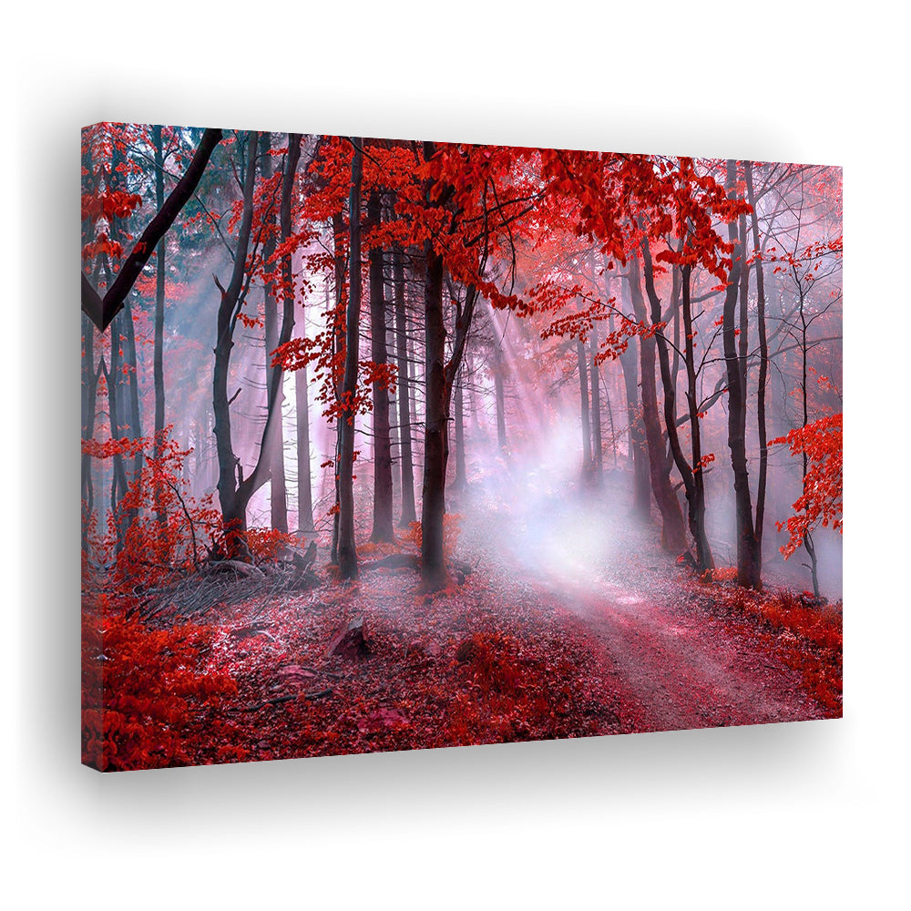 Forest Tree Print Autumn Forest Canvas Red Leaves Foggy Forest, Nature Extra Large, Canvas Print Wall Art, Wall Decor, Painting Canvas