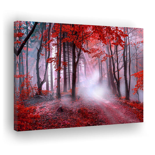 Forest Tree Print Autumn Forest Canvas Red Leaves Foggy Forest, Nature Extra Large, Canvas Print Wall Art, Wall Decor, Painting Canvas