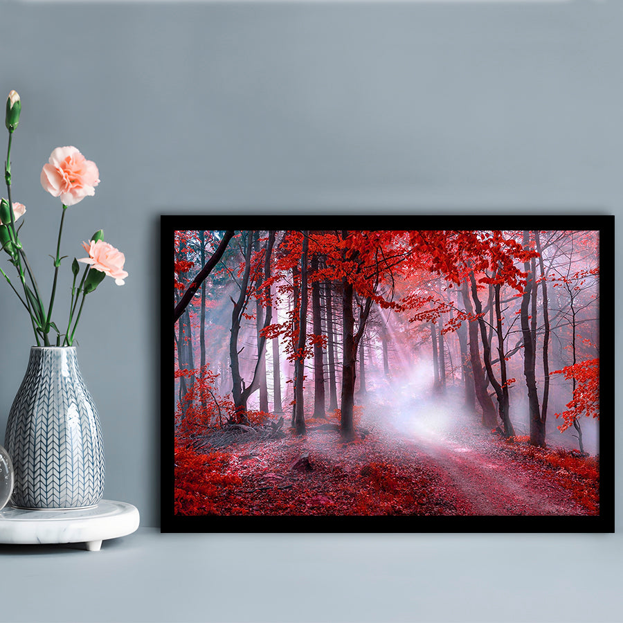 Forest Tree print Autumn forest canvas Red leaves Foggy forest, Nature Art, Framed Art Print Wall Decor, Picture Framed