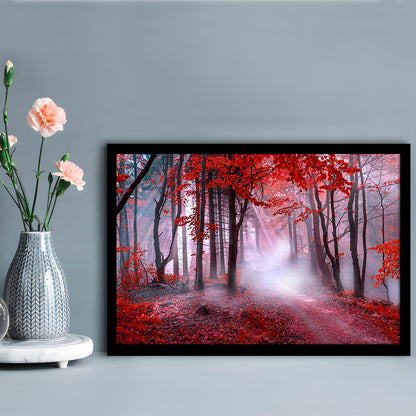 Forest Tree print Autumn forest canvas Red leaves Foggy forest, Nature Art, Framed Art Print Wall Decor, Picture Framed