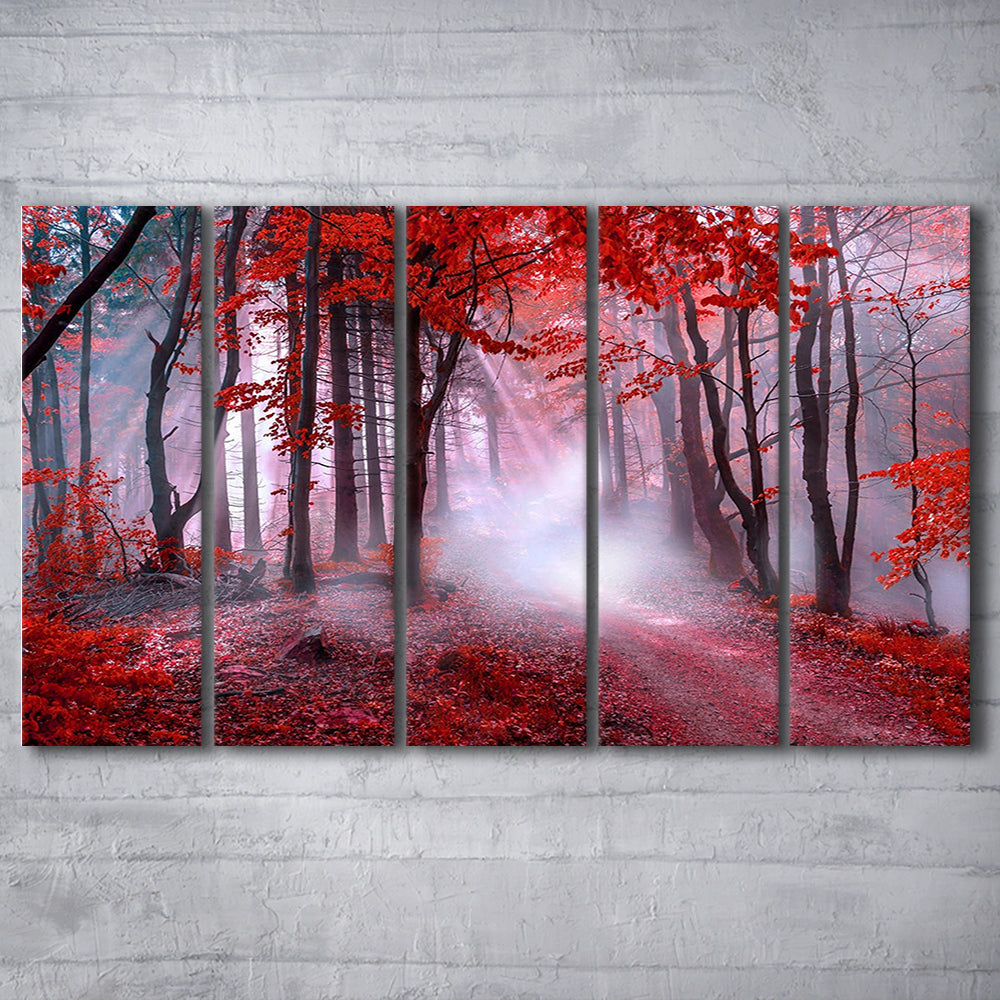 Forest Tree print Autumn forest canvas Red leaves Foggy forest, 5 Panel B Canvas Print Wall Art, Extra Large Canvas