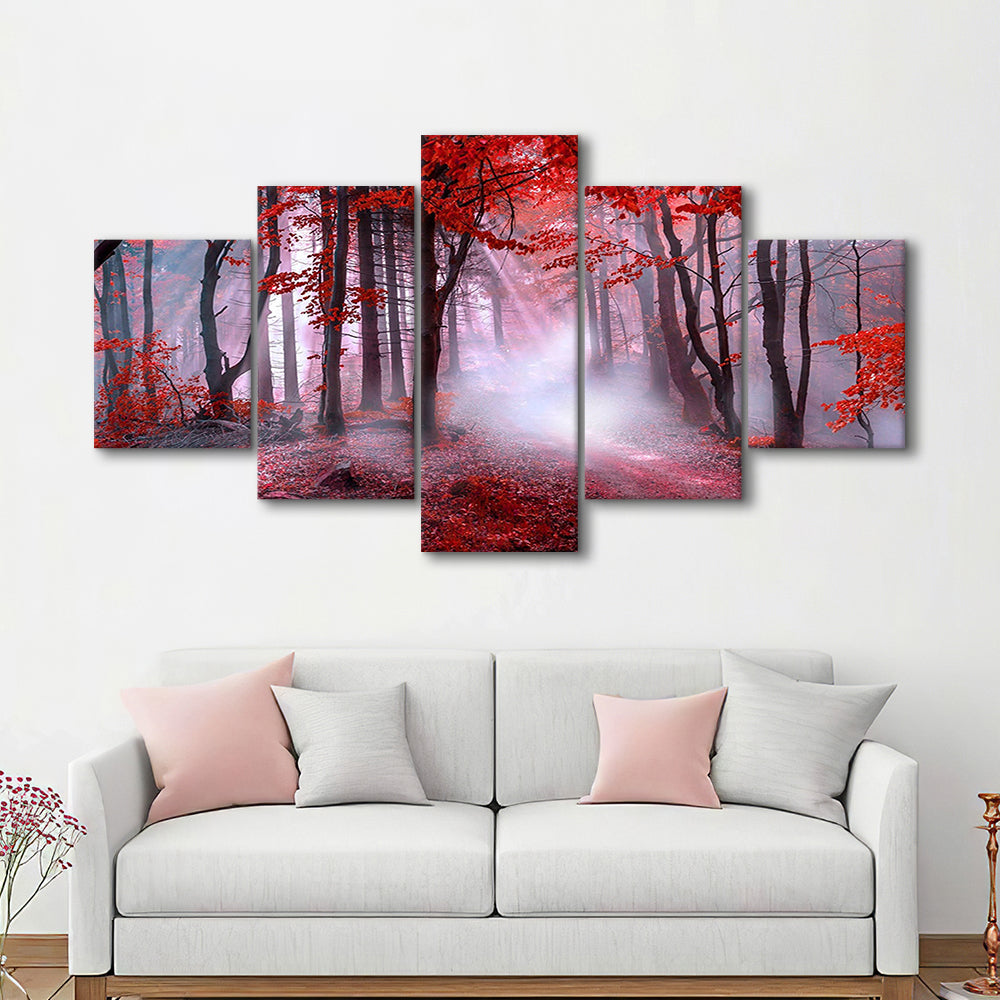 Forest Tree print Autumn forest canvas Red leaves Foggy forest, Nature, 5 Panel Mixed Canvas Print Wall Art, Large Canvas